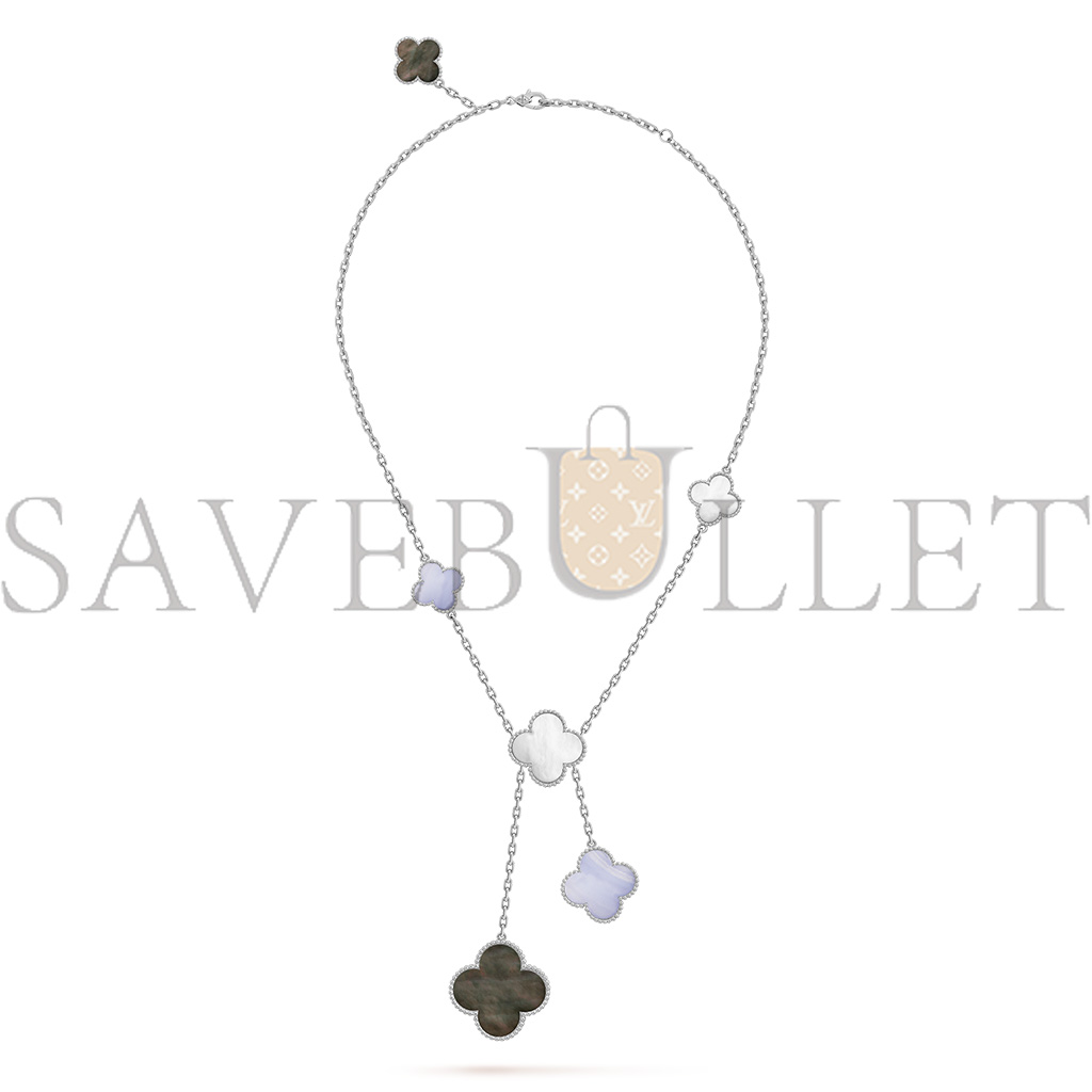 V*N CL*F arpels magic alhambra necklace, 6 motifs - white gold, chalcedony, mother-of-pearl  vcarn18900